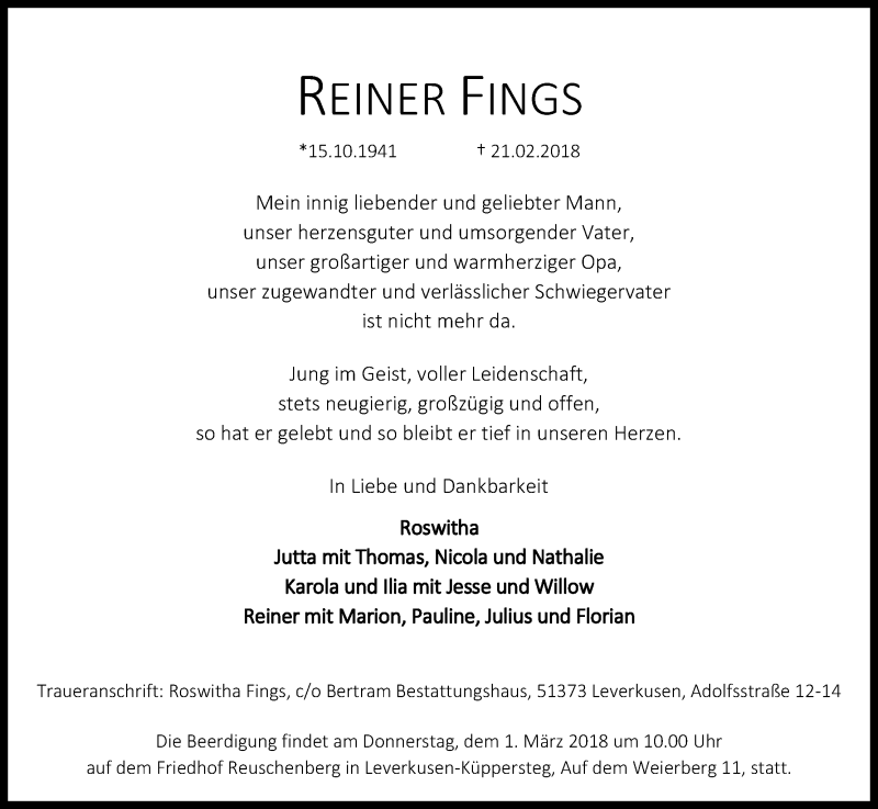 Traueranzeige für Reiner Fings vom 27.02.2018 aus Kölner Stadt-Anzeiger / Kölnische Rundschau / Express