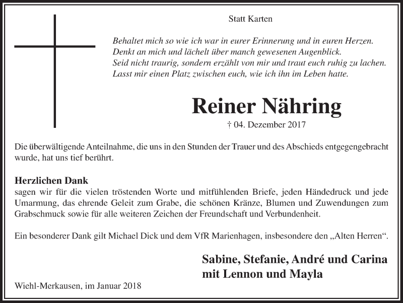  Traueranzeige für Reiner Nähring vom 31.01.2018 aus  Anzeigen Echo 