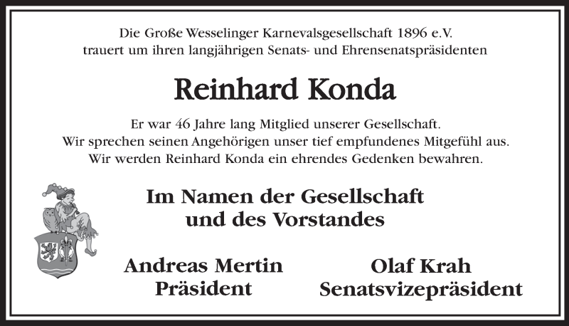  Traueranzeige für Reinhard Konda vom 31.01.2018 aus  Schlossbote/Werbekurier 