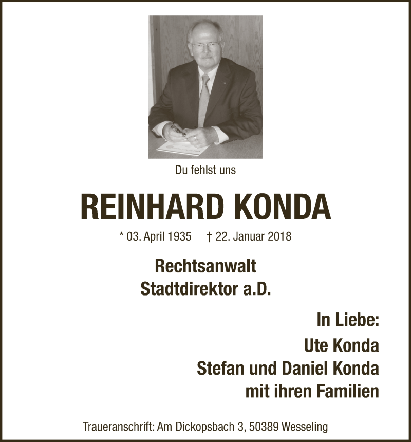  Traueranzeige für Reinhard Konda vom 31.01.2018 aus  Schlossbote/Werbekurier 