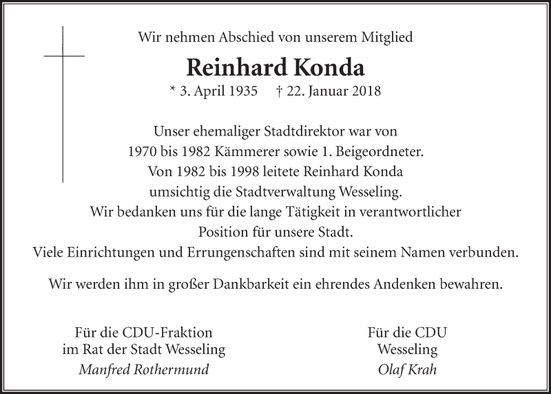  Traueranzeige für Reinhard Konda vom 31.01.2018 aus  Schlossbote/Werbekurier 