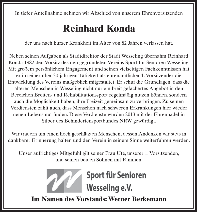  Traueranzeige für Reinhard Konda vom 31.01.2018 aus  Schlossbote/Werbekurier 