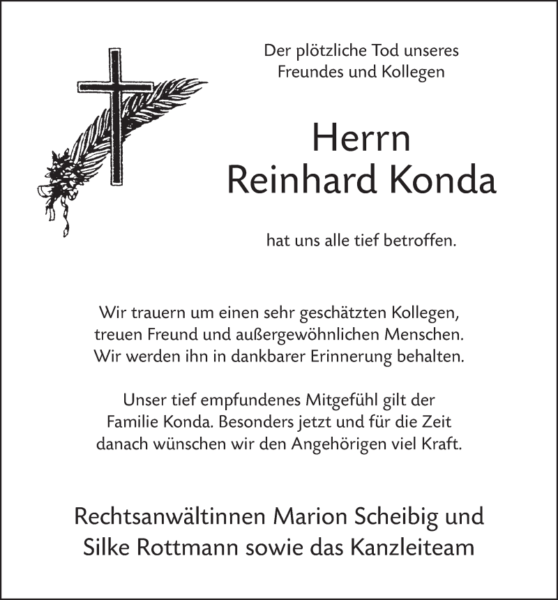  Traueranzeige für Reinhard Konda vom 31.01.2018 aus  Schlossbote/Werbekurier 