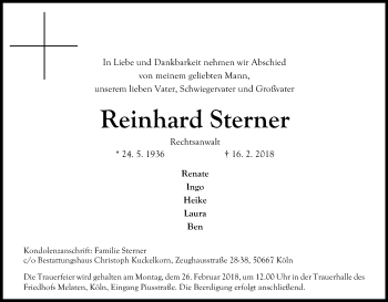 Anzeige von Reinhard Sterner von Kölner Stadt-Anzeiger / Kölnische Rundschau / Express