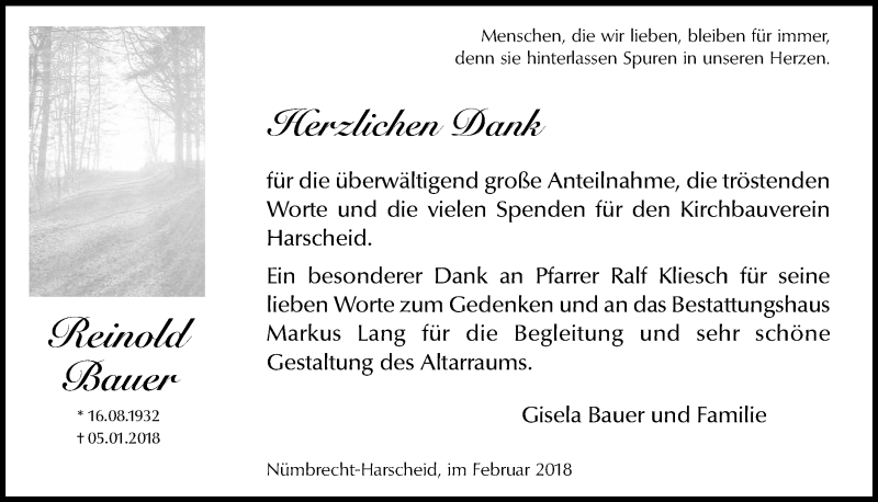  Traueranzeige für Reinold Bauer vom 21.02.2018 aus  Lokalanzeiger 