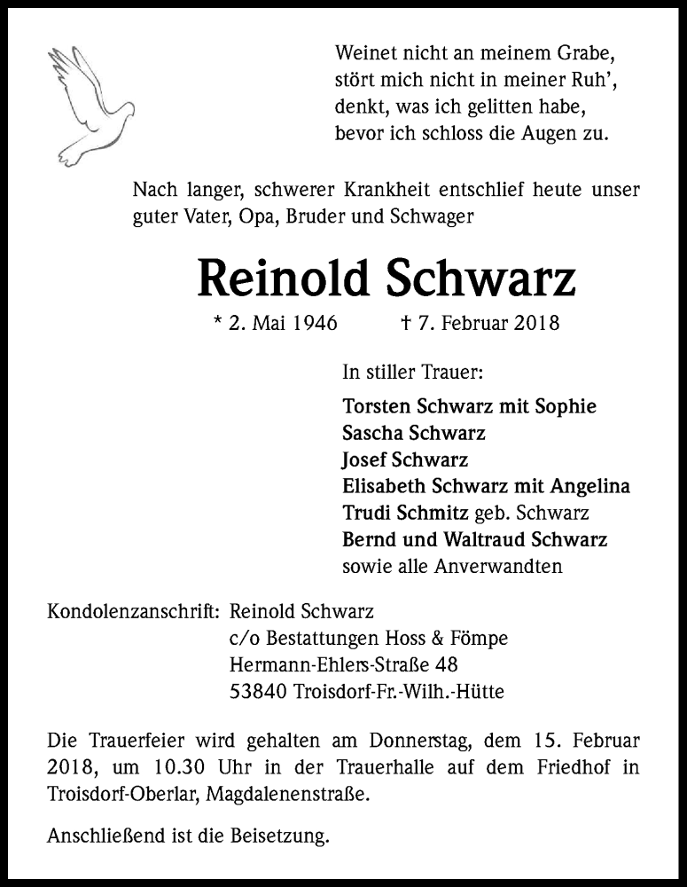  Traueranzeige für Reinold Schwarz vom 13.02.2018 aus Kölner Stadt-Anzeiger / Kölnische Rundschau / Express