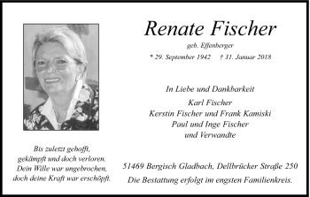 Anzeige von Renate Fischer von Kölner Stadt-Anzeiger / Kölnische Rundschau / Express