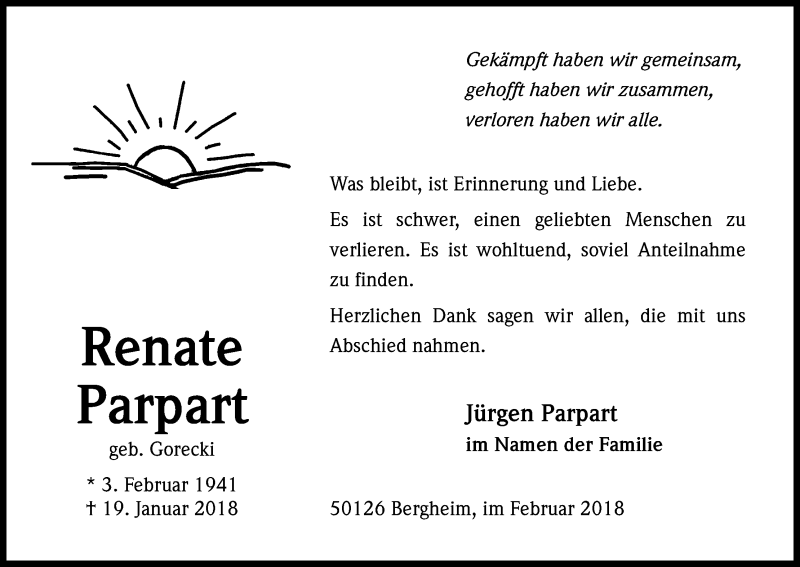  Traueranzeige für Renate Parpart vom 24.02.2018 aus Kölner Stadt-Anzeiger / Kölnische Rundschau / Express