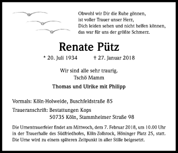 Anzeige von Renate Pütz von Kölner Stadt-Anzeiger / Kölnische Rundschau / Express