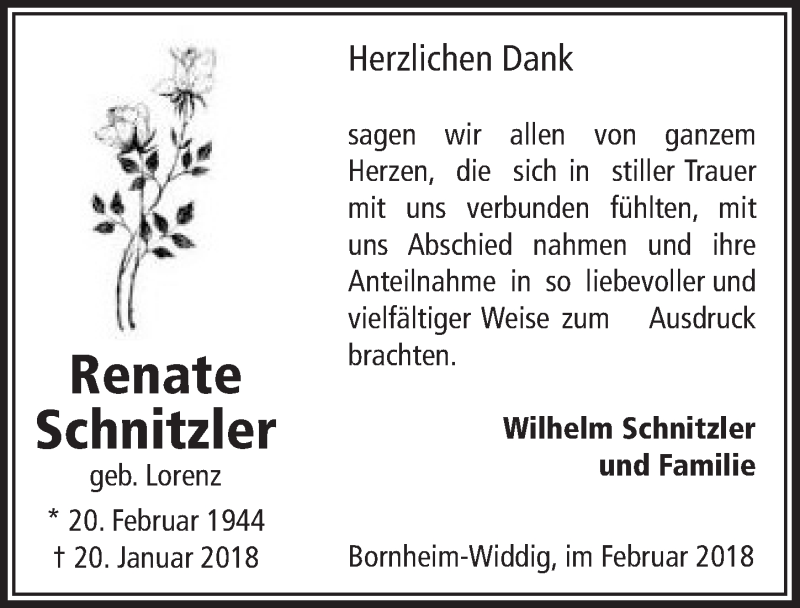  Traueranzeige für Renate Schnitzler vom 21.02.2018 aus  Schlossbote/Werbekurier 