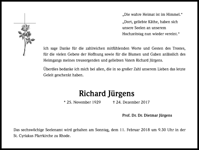  Traueranzeige für Richard Jürgens vom 07.02.2018 aus Kölner Stadt-Anzeiger / Kölnische Rundschau / Express