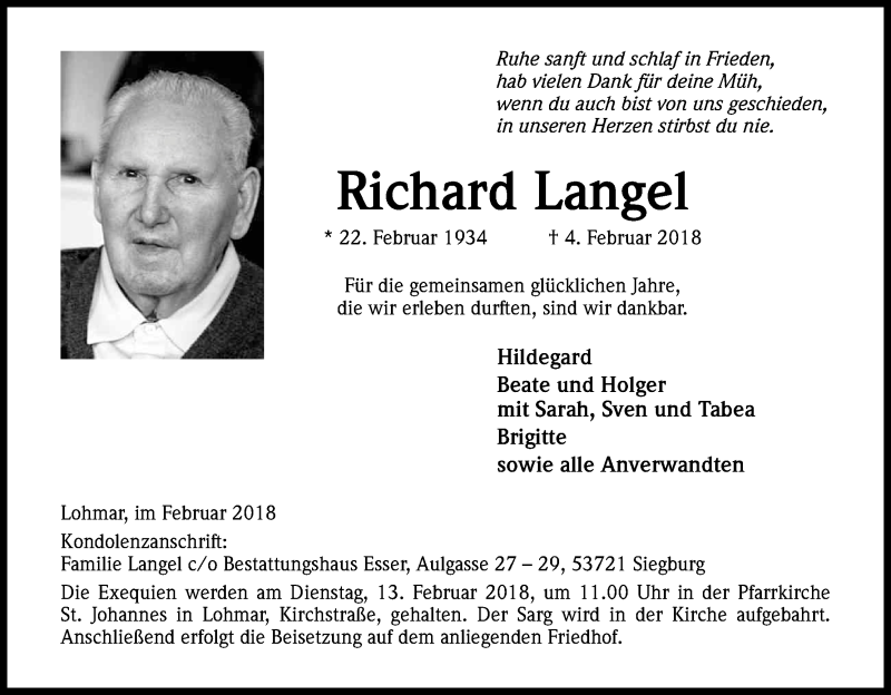  Traueranzeige für Richard Langel vom 08.02.2018 aus Kölner Stadt-Anzeiger / Kölnische Rundschau / Express