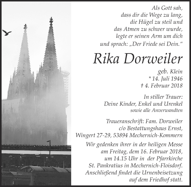  Traueranzeige für Rika Dorweiler vom 10.02.2018 aus  Blickpunkt Euskirchen 