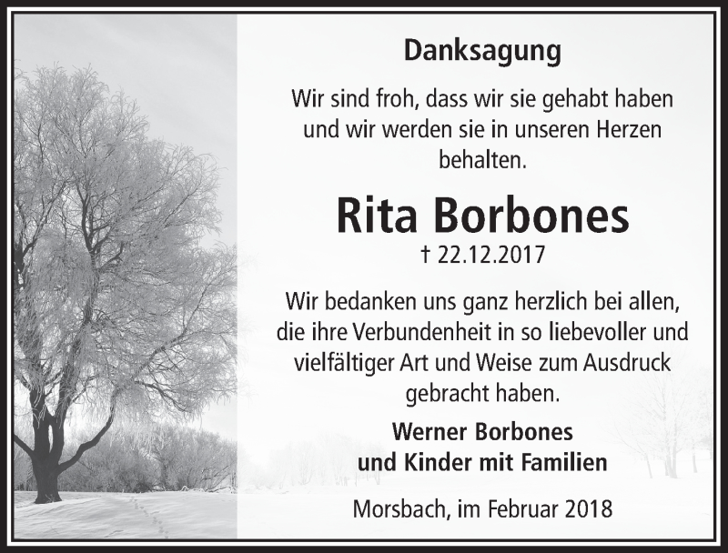  Traueranzeige für Rita Borbones vom 21.02.2018 aus  Lokalanzeiger 