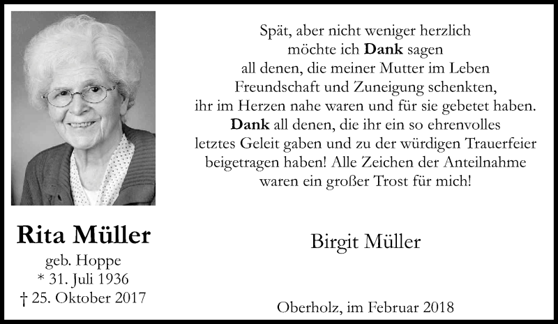  Traueranzeige für Rita Müller vom 17.02.2018 aus Kölner Stadt-Anzeiger / Kölnische Rundschau / Express