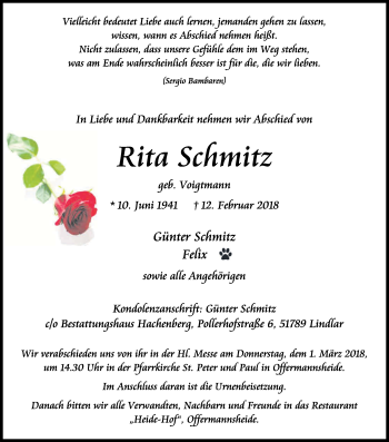 Anzeige von Rita Schmitz von Kölner Stadt-Anzeiger / Kölnische Rundschau / Express