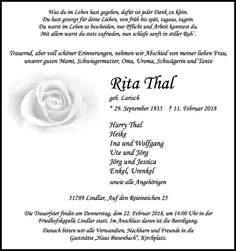  Traueranzeige für Rita Thal vom 17.02.2018 aus Kölner Stadt-Anzeiger / Kölnische Rundschau / Express