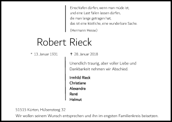 Anzeige von Robert Rieck von Kölner Stadt-Anzeiger / Kölnische Rundschau / Express