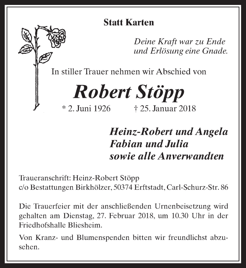  Traueranzeige für Robert Stöpp vom 21.02.2018 aus  Werbepost 
