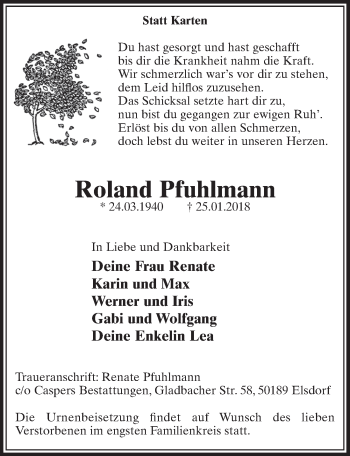 Anzeige von Roland Pfuhlmann von  Sonntags-Post 