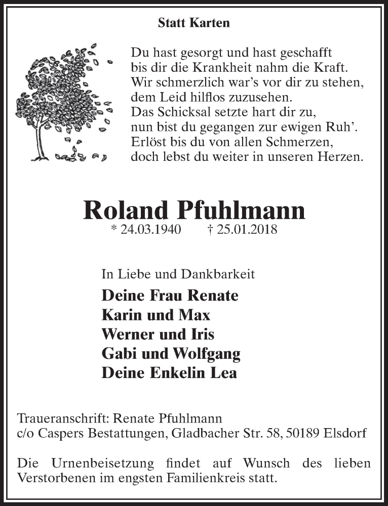  Traueranzeige für Roland Pfuhlmann vom 03.02.2018 aus  Sonntags-Post 