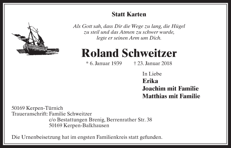  Traueranzeige für Roland Schweitzer vom 07.02.2018 aus  Werbepost 
