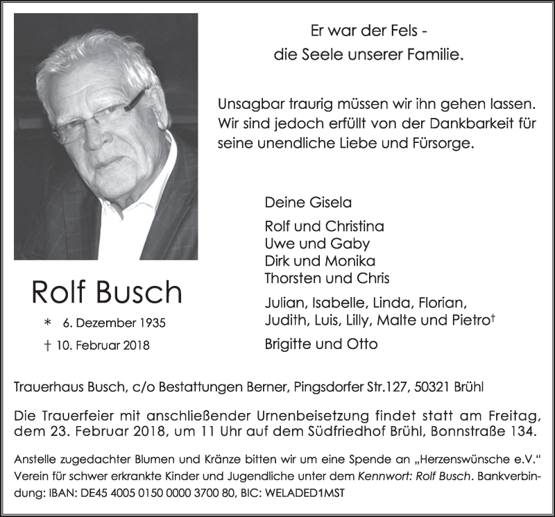  Traueranzeige für Rolf Busch vom 21.02.2018 aus  Schlossbote/Werbekurier 