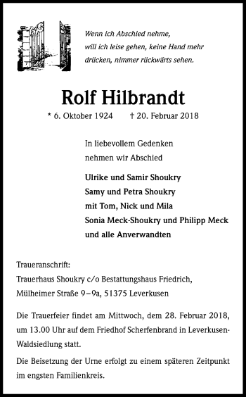 Anzeige von Rolf Hilbrandt von Kölner Stadt-Anzeiger / Kölnische Rundschau / Express