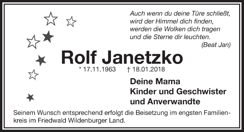  Traueranzeige für Rolf Janetzko vom 31.01.2018 aus  Lokalanzeiger 