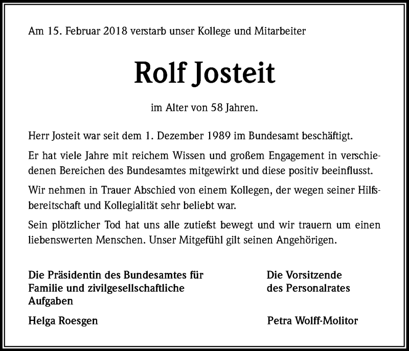  Traueranzeige für Rolf Josteit vom 24.02.2018 aus Kölner Stadt-Anzeiger / Kölnische Rundschau / Express