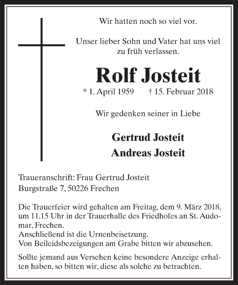  Traueranzeige für Rolf Josteit vom 28.02.2018 aus  Wochenende 