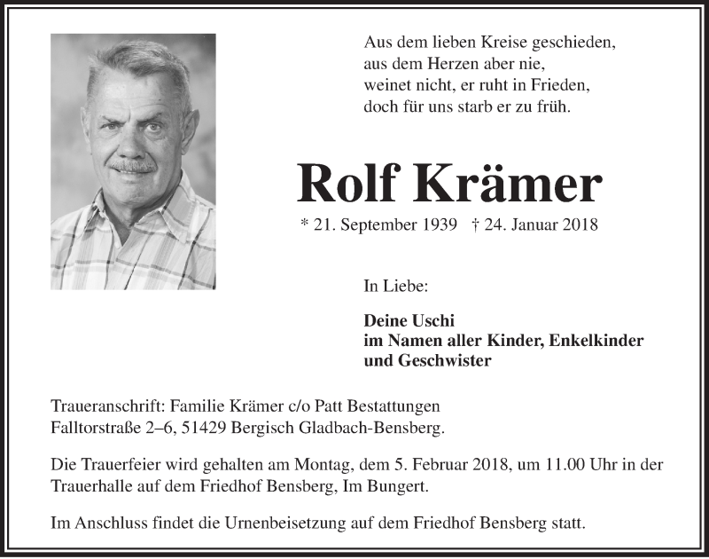  Traueranzeige für Rolf Krämer vom 03.02.2018 aus  Bergisches Sonntagsblatt 