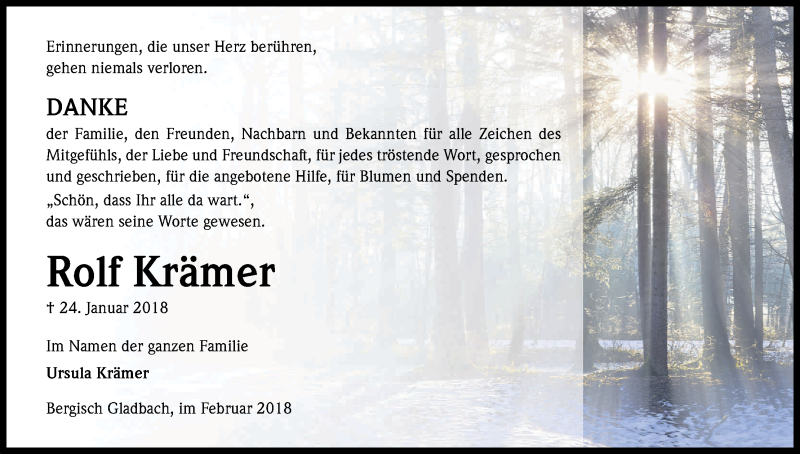 Traueranzeige für Rolf Krämer vom 28.02.2018 aus Kölner Stadt-Anzeiger / Kölnische Rundschau / Express