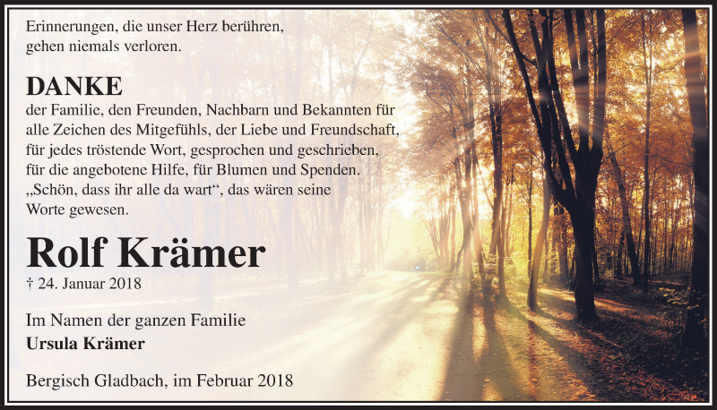  Traueranzeige für Rolf Krämer vom 28.02.2018 aus  Bergisches Handelsblatt 
