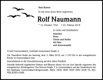 Anzeige von Rolf Naumann von Kölner Stadt-Anzeiger / Kölnische Rundschau / Express