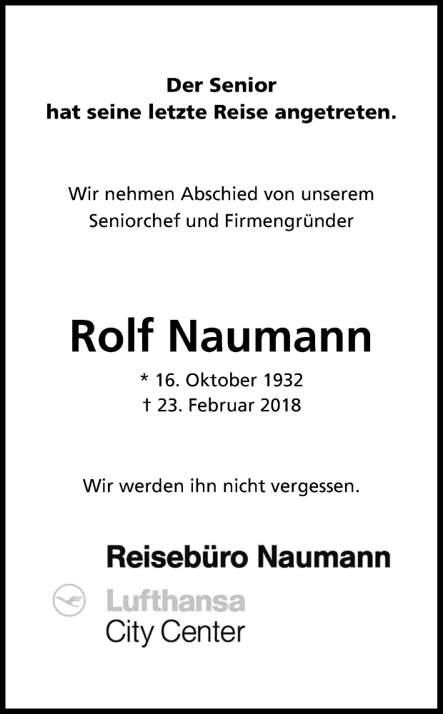  Traueranzeige für Rolf Naumann vom 28.02.2018 aus Kölner Stadt-Anzeiger / Kölnische Rundschau / Express