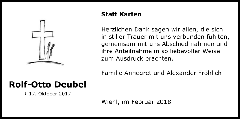  Traueranzeige für Rolf-Otto Deubel vom 10.02.2018 aus Kölner Stadt-Anzeiger / Kölnische Rundschau / Express