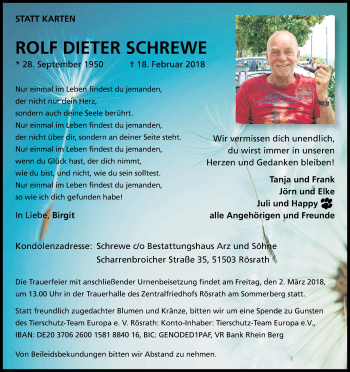 Anzeige von Rolf Dieter Schrewe von Kölner Stadt-Anzeiger / Kölnische Rundschau / Express