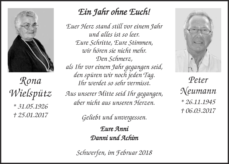  Traueranzeige für Rona Wielspütz vom 17.02.2018 aus  Blickpunkt Euskirchen 
