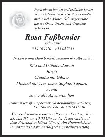 Anzeige von Rosa Faßbender von  Wochenende 