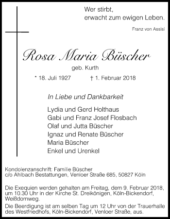 Anzeige von Rosa Maria Büscher von Kölner Stadt-Anzeiger / Kölnische Rundschau / Express