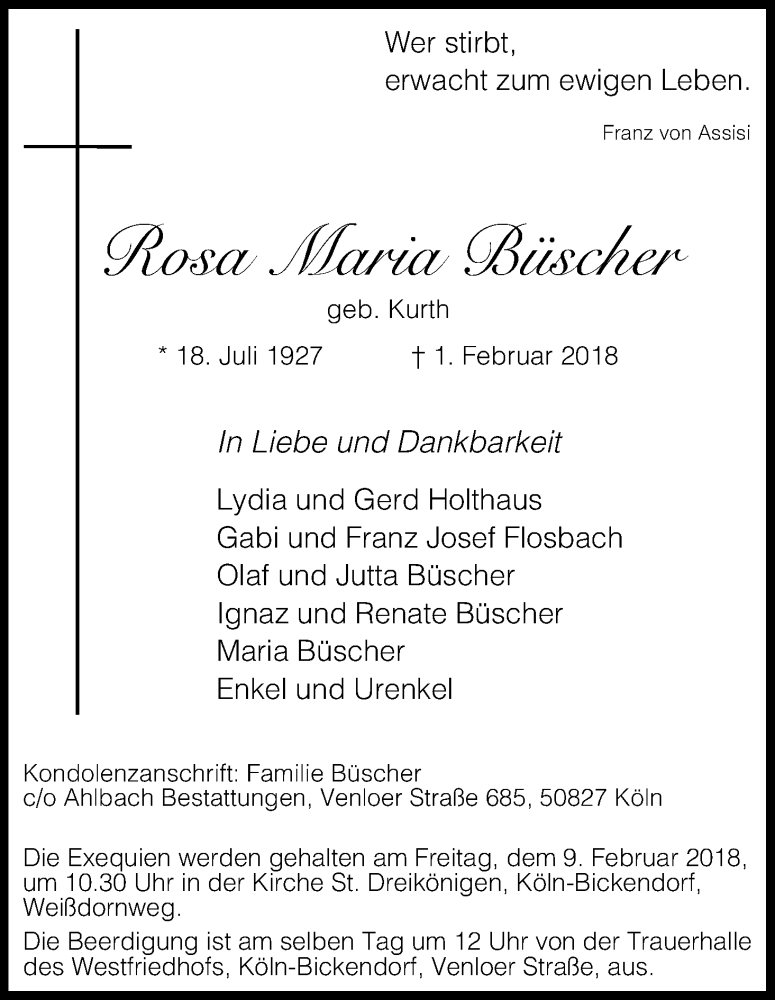  Traueranzeige für Rosa Maria Büscher vom 03.02.2018 aus Kölner Stadt-Anzeiger / Kölnische Rundschau / Express