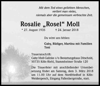 Anzeige von Rosalie Moll von Kölner Stadt-Anzeiger / Kölnische Rundschau / Express