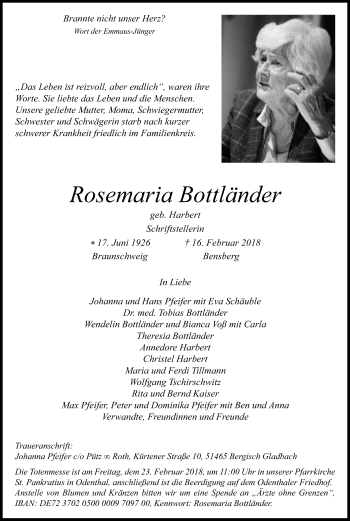 Anzeige von Rosemarie Bottländer von Kölner Stadt-Anzeiger / Kölnische Rundschau / Express