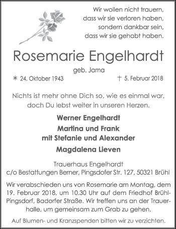 Anzeige von Rosemarie Engelhardt von  Schlossbote/Werbekurier 