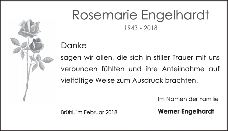  Traueranzeige für Rosemarie Engelhardt vom 28.02.2018 aus  Schlossbote/Werbekurier 