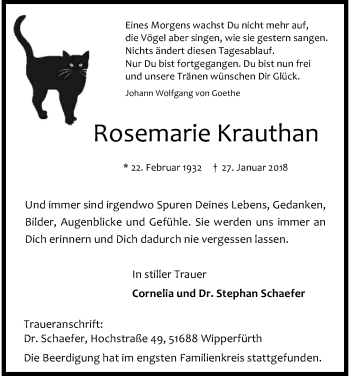 Anzeige von Rosemarie Krauthan von Kölner Stadt-Anzeiger / Kölnische Rundschau / Express