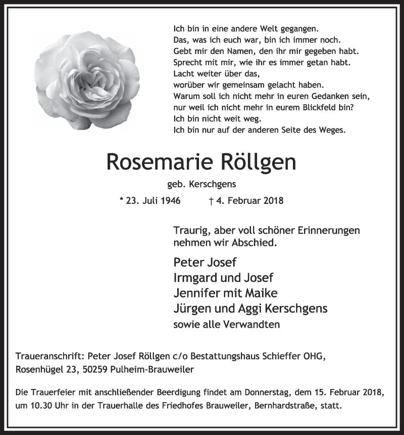  Traueranzeige für Rosemarie Röllgen vom 10.02.2018 aus  Sonntags-Post 