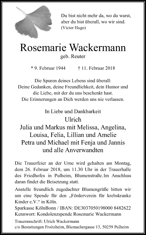  Traueranzeige für Rosemarie Wackermann vom 17.02.2018 aus Kölner Stadt-Anzeiger / Kölnische Rundschau / Express