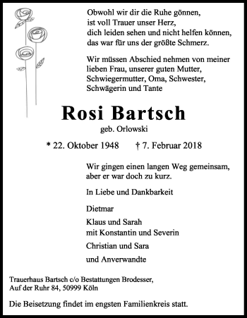 Anzeige von Rosi Bartsch von Kölner Stadt-Anzeiger / Kölnische Rundschau / Express